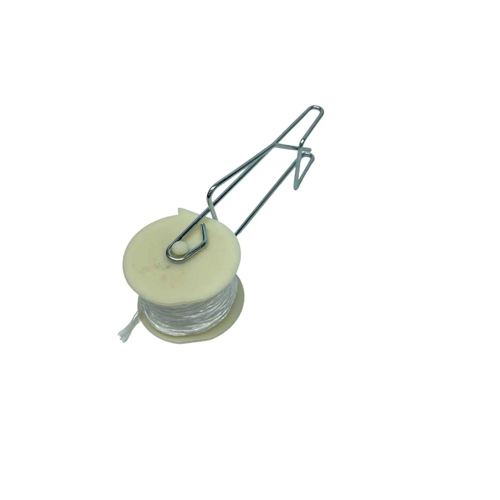 Bootstrap Farmer Tomato Roller Hooks feature a white plastic spool with clear fishing line and a metal wire handle, perfect for greenhouse trellis systems. Isolated on a white background.