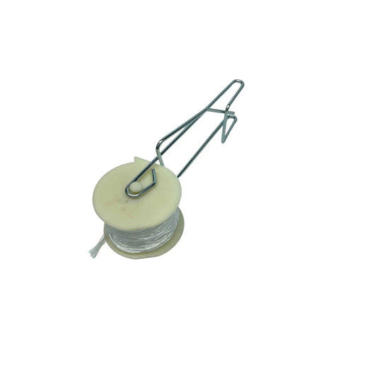 Bootstrap Farmer Tomato Roller Hooks feature a white plastic spool with clear fishing line and a metal wire handle, perfect for greenhouse trellis systems. Isolated on a white background.
