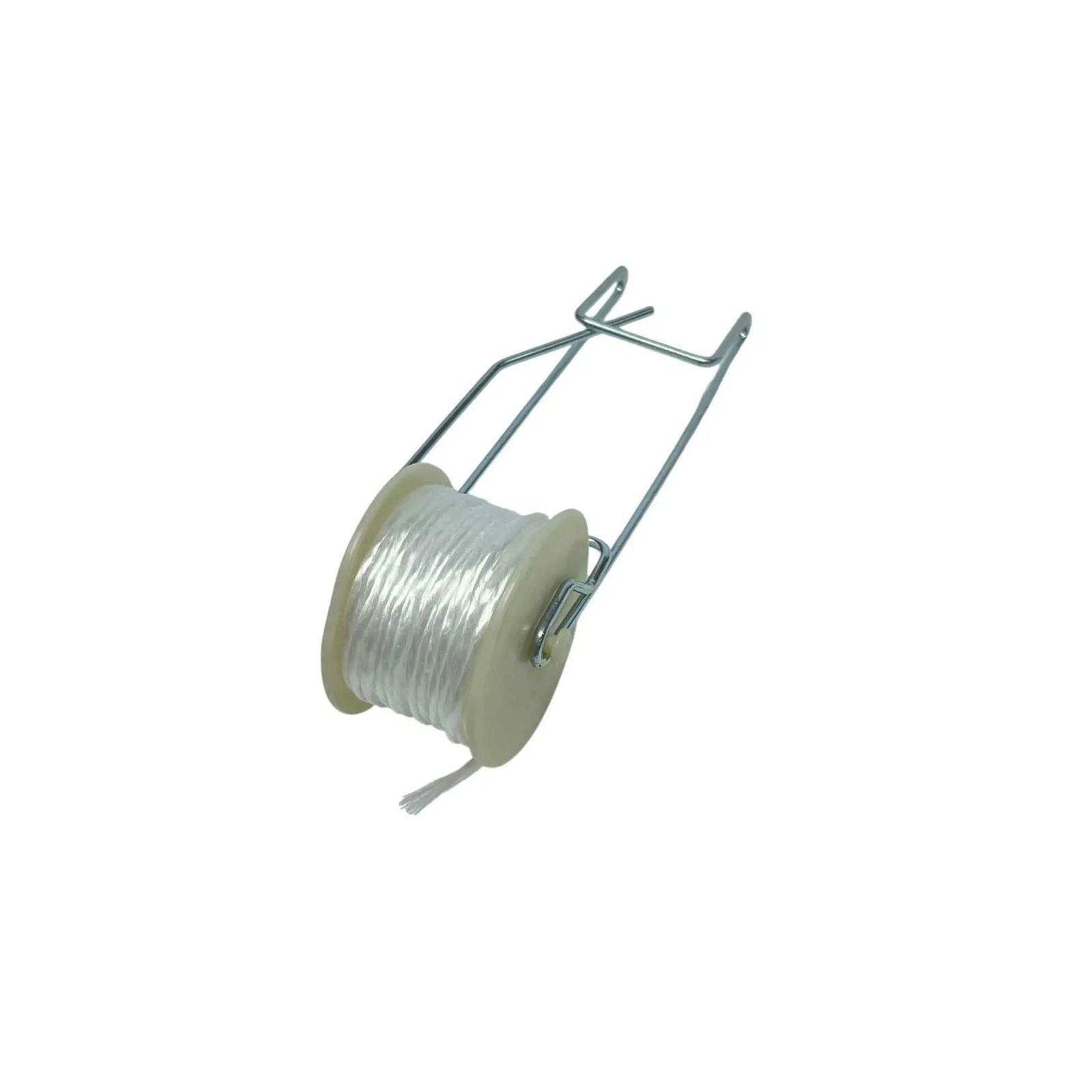 Bootstrap Farmer Tomato Roller Hooks: White nylon string on a beige plastic reel in a metal frame with handle, perfect for roller-hook trellis kits or greenhouse trellis systems. Set against a white background.