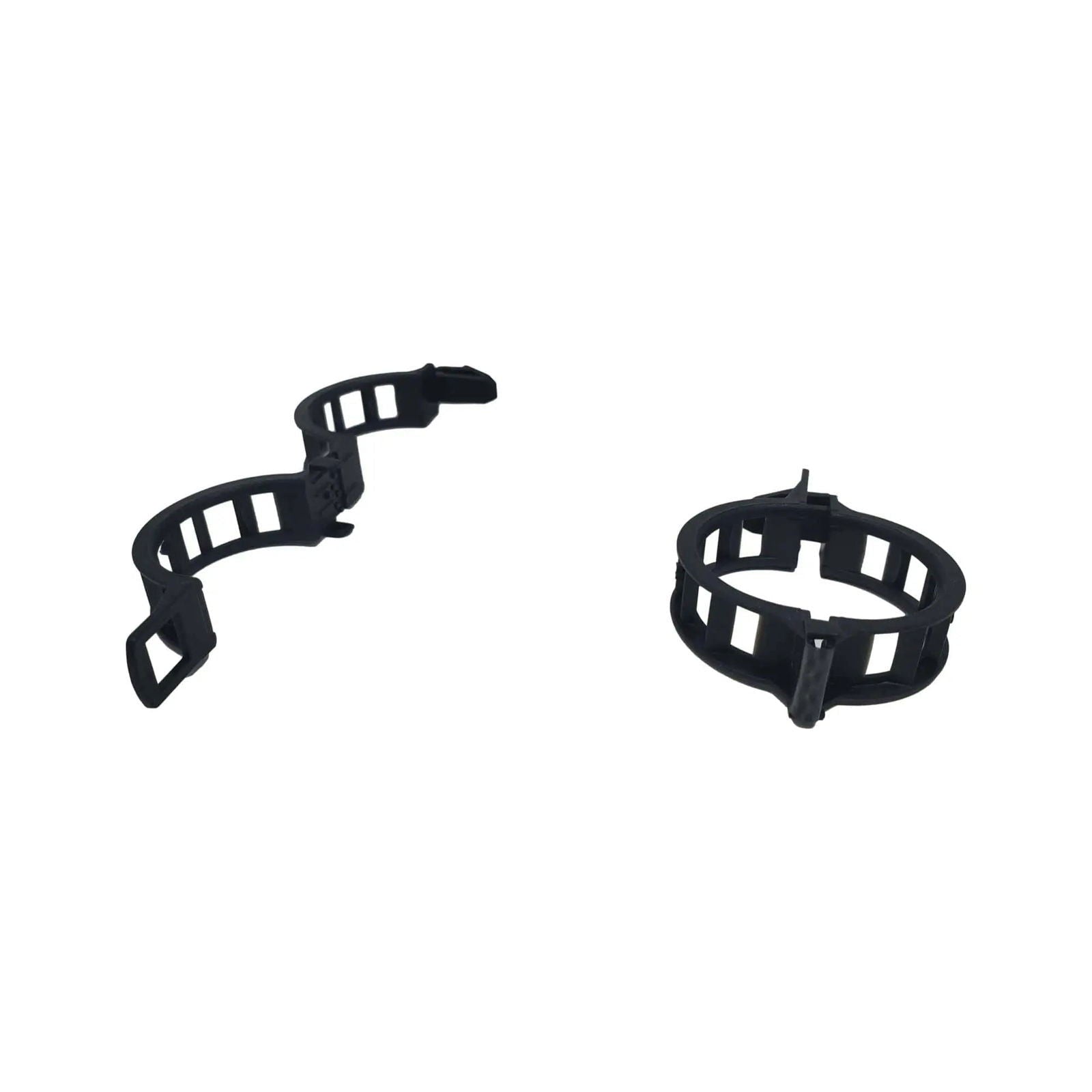 Two black Bootstrap Farmer Plant Support Vine Clips, one open and one closed, are displayed on a white background. These clips have rectangular side cutouts and are perfect for supporting plants or securing trellis netting.