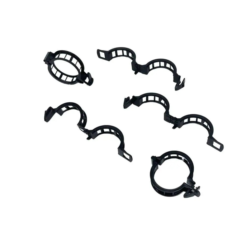 Five Bootstrap Farmer Plant Support Vine Clips with open latches are shown on a white background. These black clips feature circular ends and side openings, making them ideal for securing pipes, cables, or plant stems.