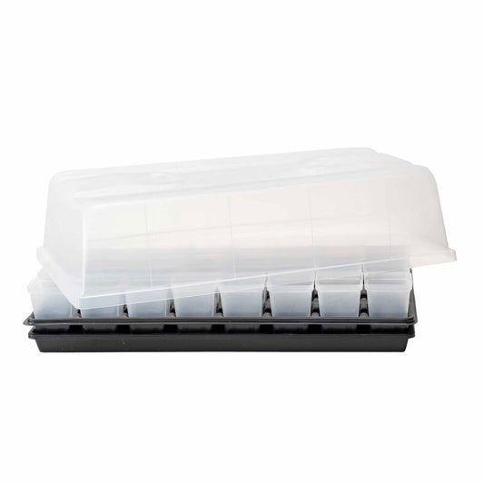 Plastic seedling starter kit with clear dome lid showing multiple small transparent cells in a black tray.
