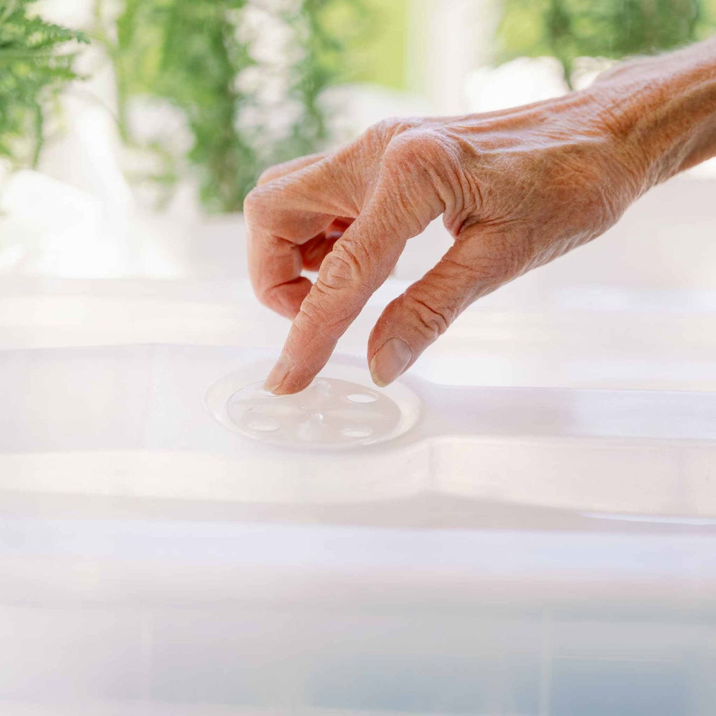 Photograph of a hand interacting with a clear plastic container showing a detailed, five-holed, circular insert and a soft-focus background of greenery
