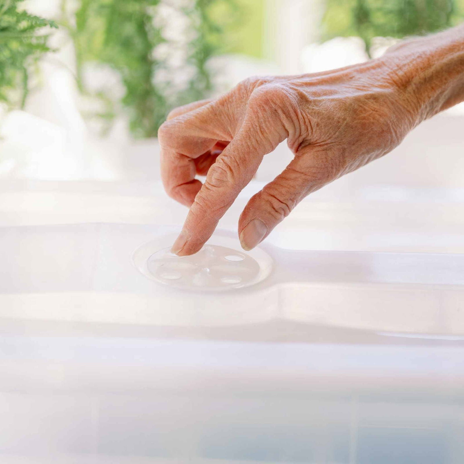Photograph of a hand interacting with a clear plastic container showing a detailed, five-holed, circular insert and a soft-focus background of greenery
