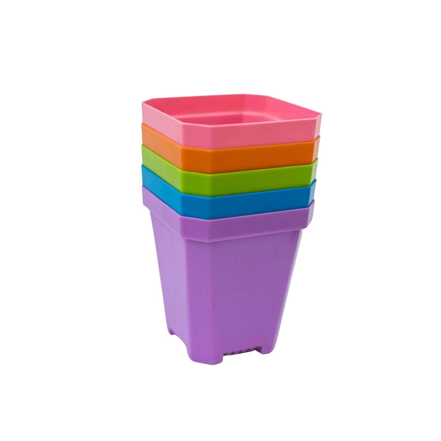 The Bootstrap Farmer 5" Heavy Duty Seed Starting Pots come in a stack of five vibrant colors—pink, orange, green, blue, and purple—making the perfect set for starting seeds. Displayed against a white background.