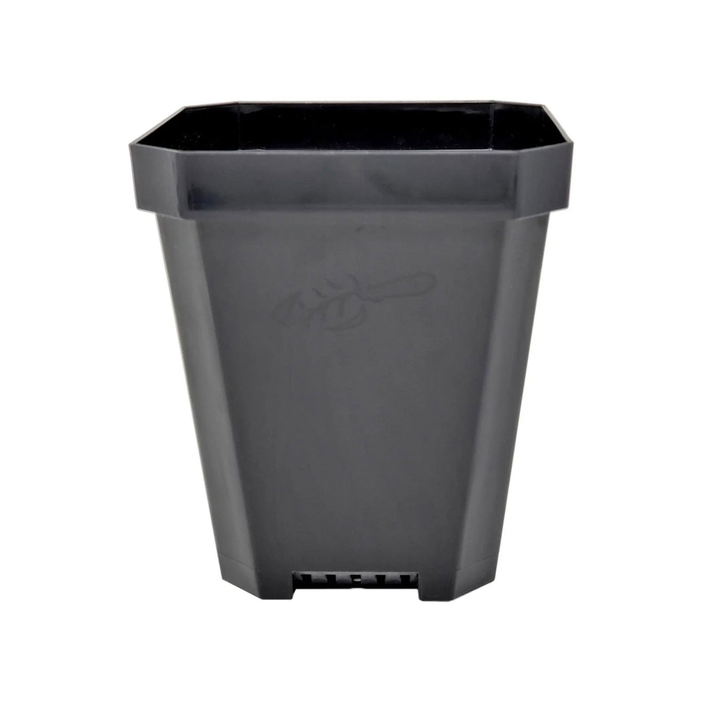 The Bootstrap Farmer 5" Heavy Duty Seed Starting Pot is a black, plastic, square planter with slightly tapered sides and a small raised design on the front, shown against a plain white background.