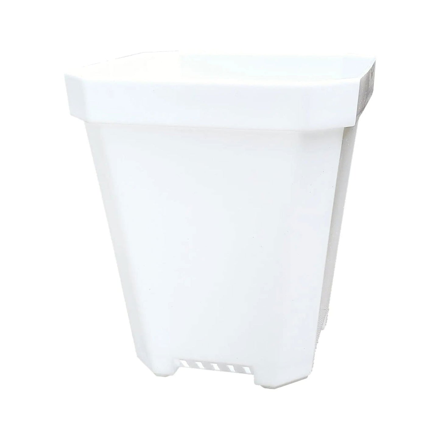 The Bootstrap Farmer 5" Heavy Duty Seed Starting Pot is a white, rectangular plastic planter with tapered sides and bottom drainage slits, perfect for seedlings.