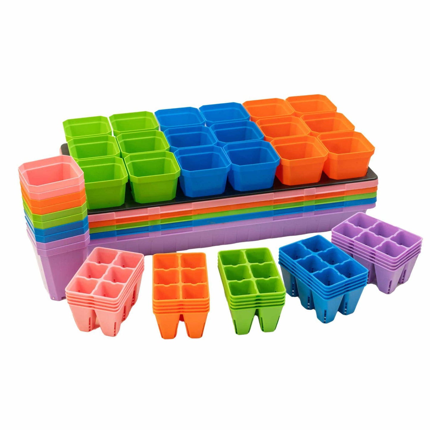 Plastic seedling trays and pots in pink, orange, green, and blue arranged in a colorful display against a white background
