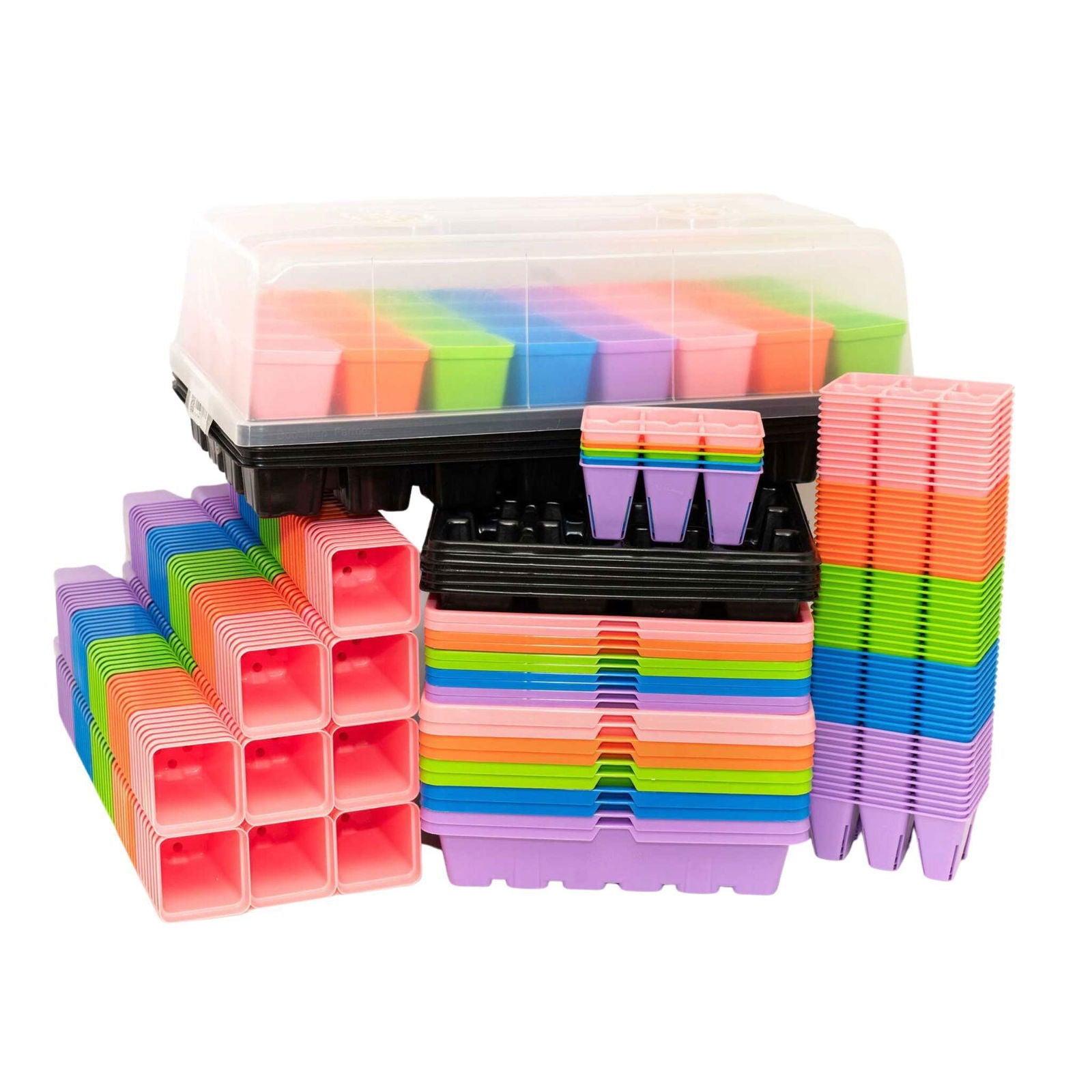 Plastic gardening starter kit with colorful square and cell packs, seed trays, and a clear plastic dome cover
