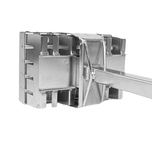 Close-up of a stainless steel agricultural implement showing a detailed view of its welded joints and multiple compartments against a white background
