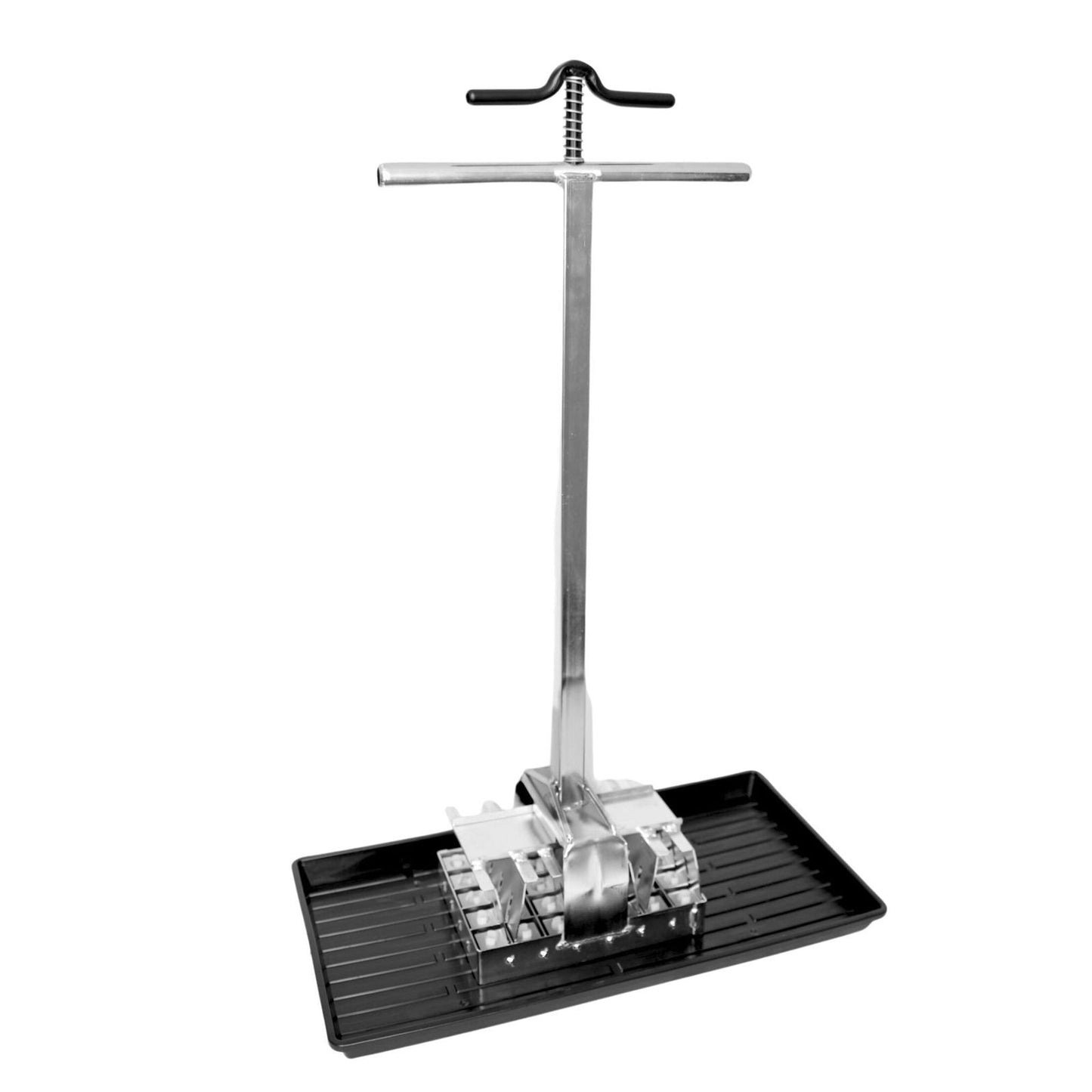 Metal hand-crank seed planter on a black tray showing a silver metal frame and a black handle against a white background
