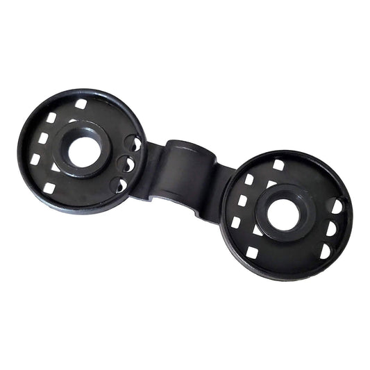 The Bootstrap Farmer Greenhouse Shade Cloth Clips feature a black metal bracket with two circular ends—each with square and round holes—connected by a central hinge, perfect for securing poly clips or shade cloth clips.