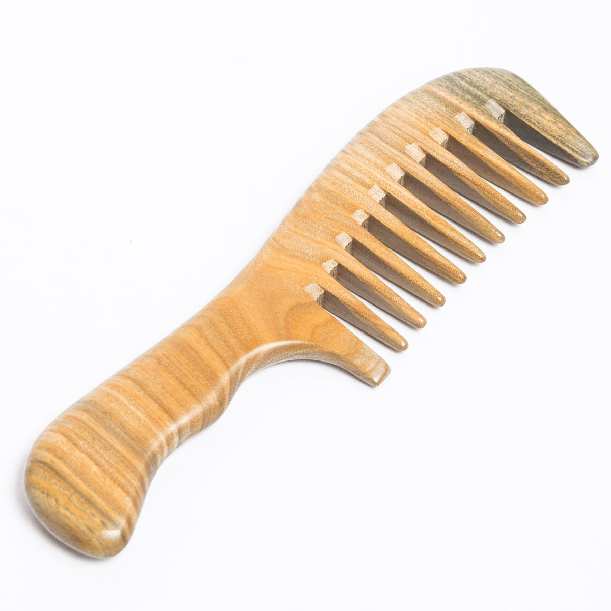 The Sandalwood Wide Tooth Comb from ZeroWasteStore.com is a 100% wood, plastic-free comb with a curved handle, shown on a white background—perfect for zero waste hair care routines.