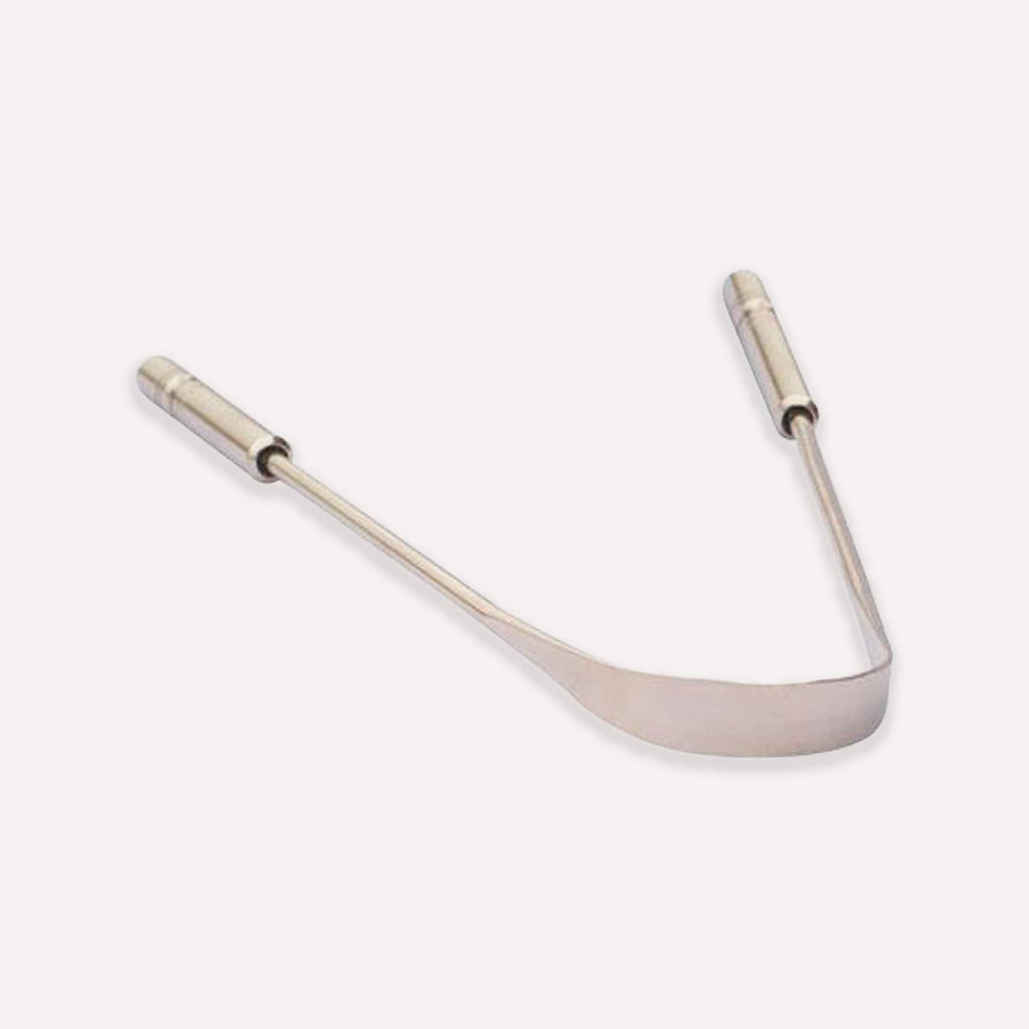 The ZeroWasteStore.com Tongue Scraper - Zero Waste Tongue Scraper, 100% Stainless Steel, featuring two rounded handles and a curved edge for oral hygiene, is displayed against a plain white background.