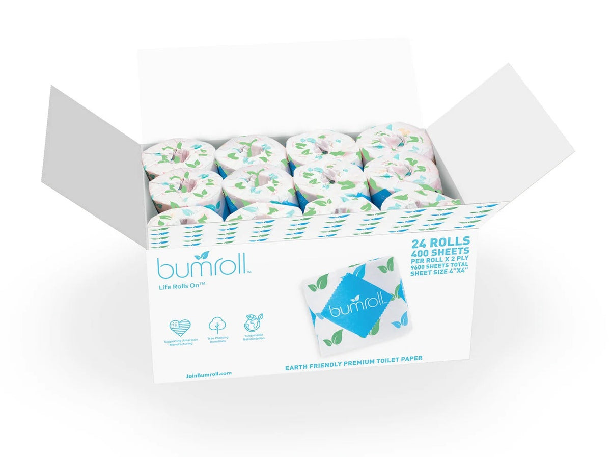 Join Bumroll bamboo toilet paper and paper towels, eco-friendly packaging, with a plant icon indicating tree planting in the USA.