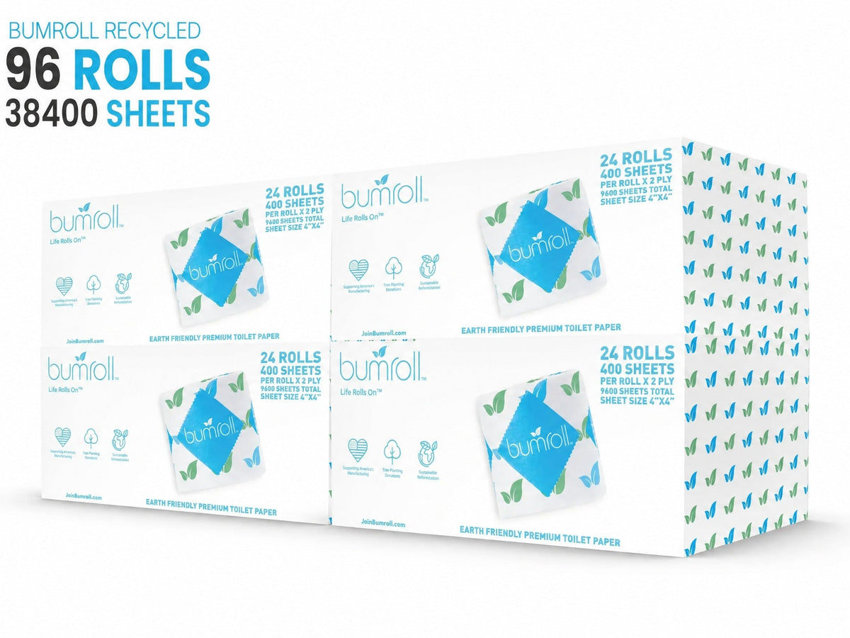 Join Bumroll recycled bamboo toilet paper and paper towels, showcasing 96 rolls in eco-friendly packaging with a focus on sustainability.