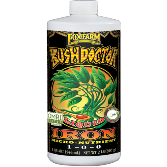 Bottle of Bush Doctor Organic Liquid Iron fertilizer from Rivendell Distribution, showing the product label and packaging.