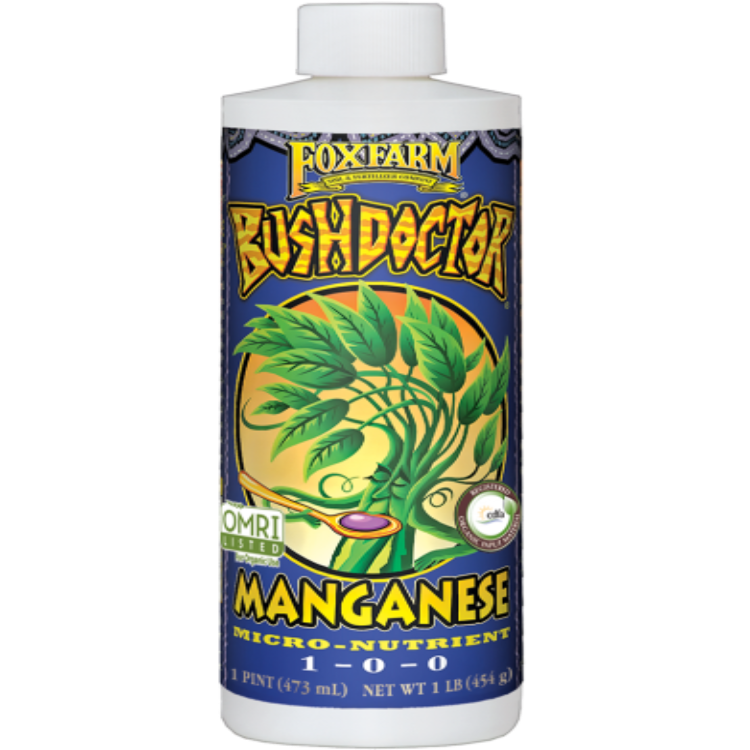 Bottle of Bush Doctor Organic Liquid Manganese fertilizer by Rivendell Distribution, showing the product label and packaging.