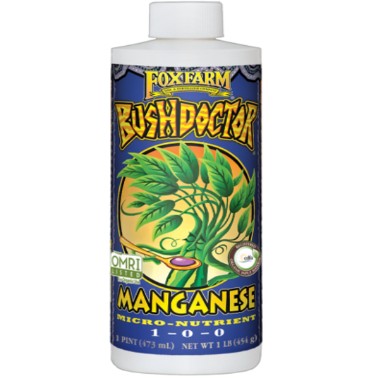 Bottle of Bush Doctor Organic Liquid Manganese fertilizer by Rivendell Distribution, showing the product label and packaging.