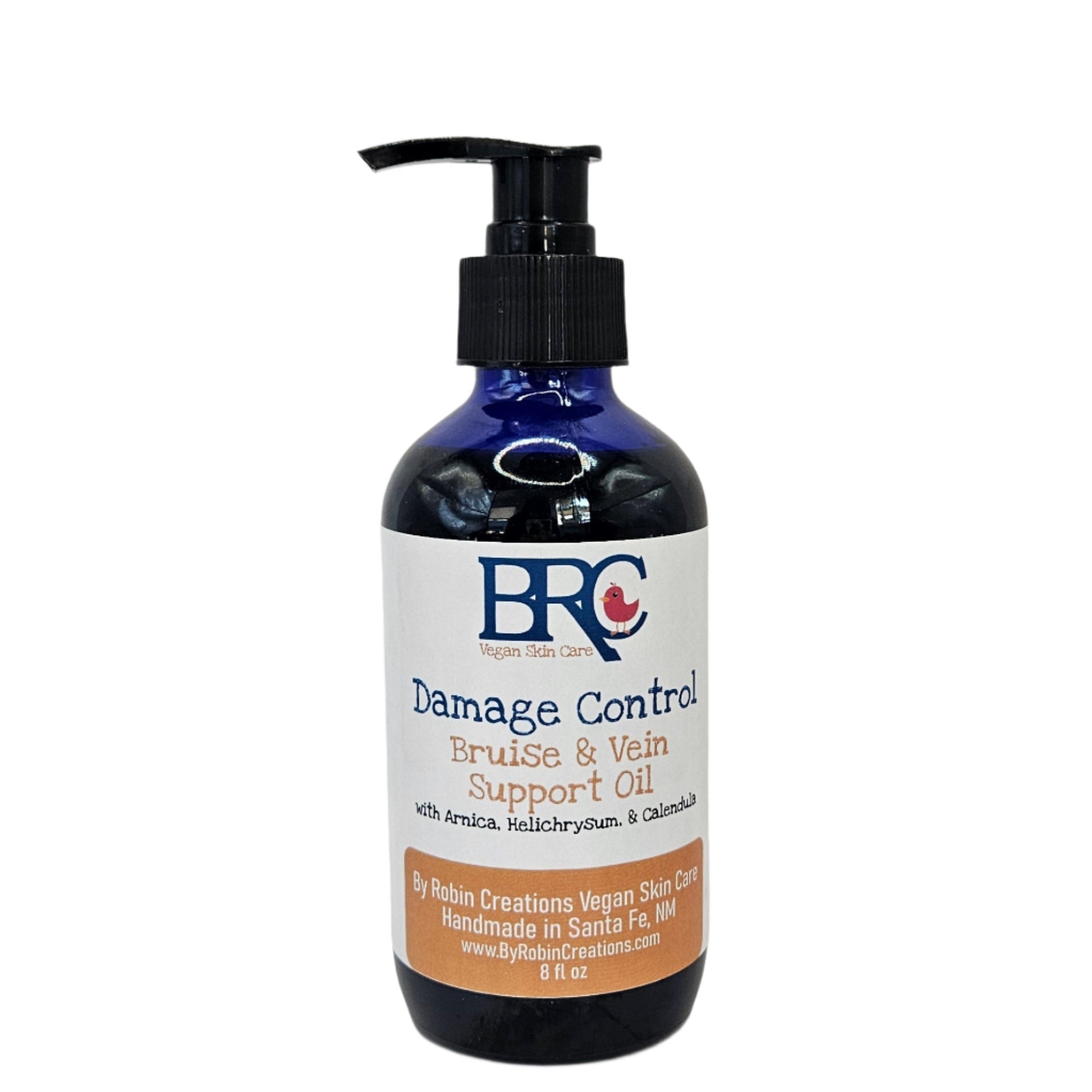 By Robin Creations Damage Control bruise and varicose vein support oil in a 4 oz glass pump bottle, suitable for body care.