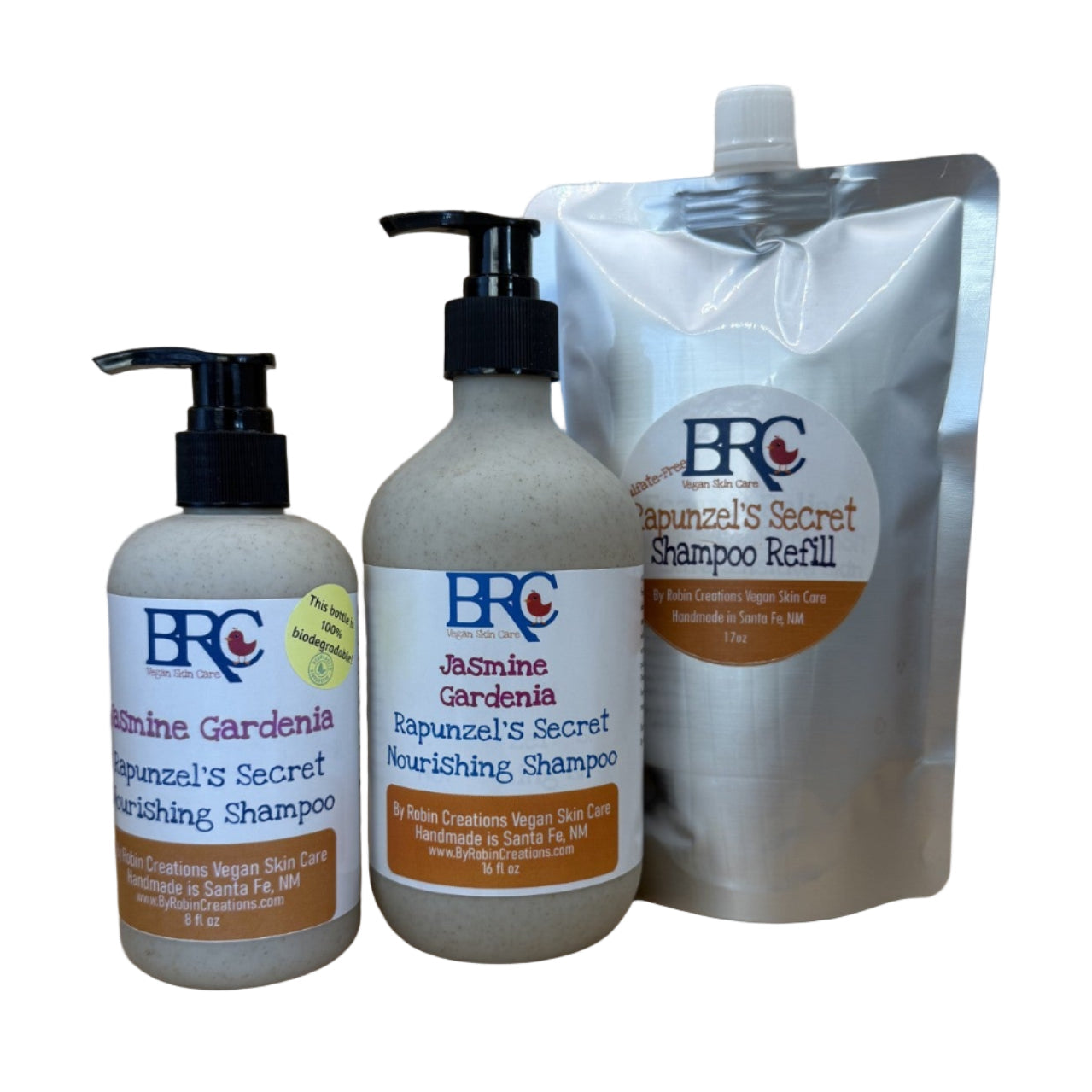 By Robin Creations sulfate-free moisturizing shampoo in biodegradable pump bottle, for hair, brows, and eyelashes, with winter blend scent.