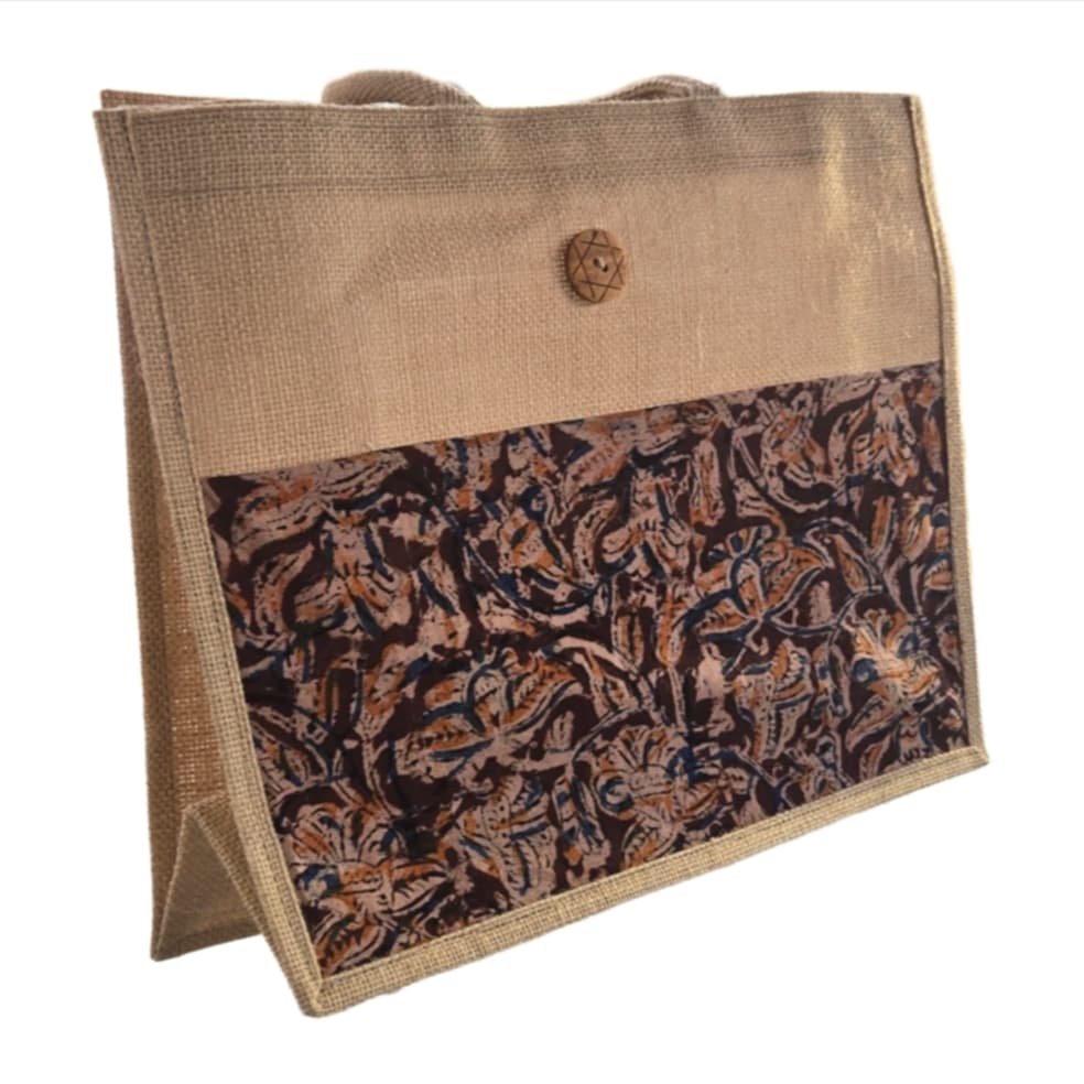 Vintage style MicRic jute cotton tote bag with large front pocket, perfect for shopping and casual carrying.