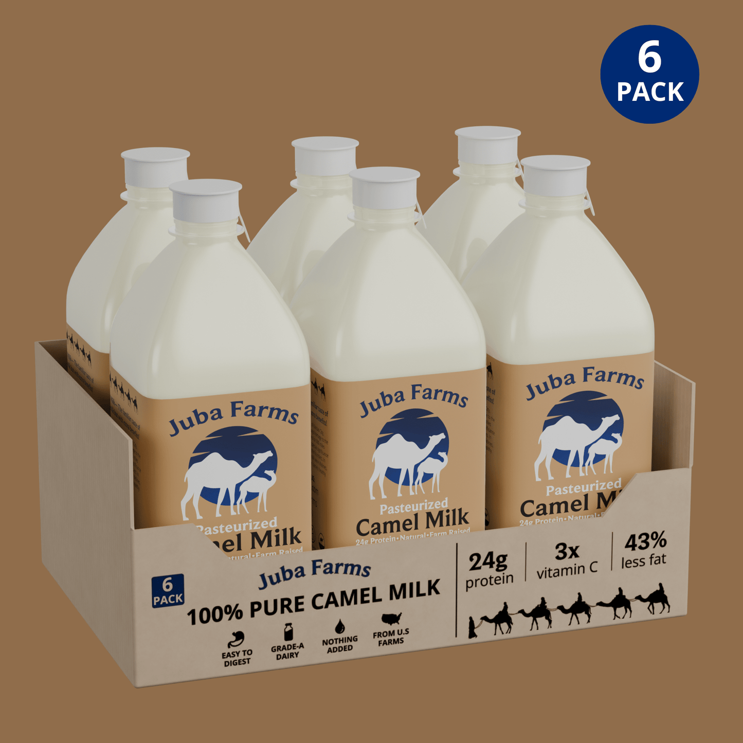 1-liter bottle of Juba Farms camel milk, showing the packaging and label on a clear container.