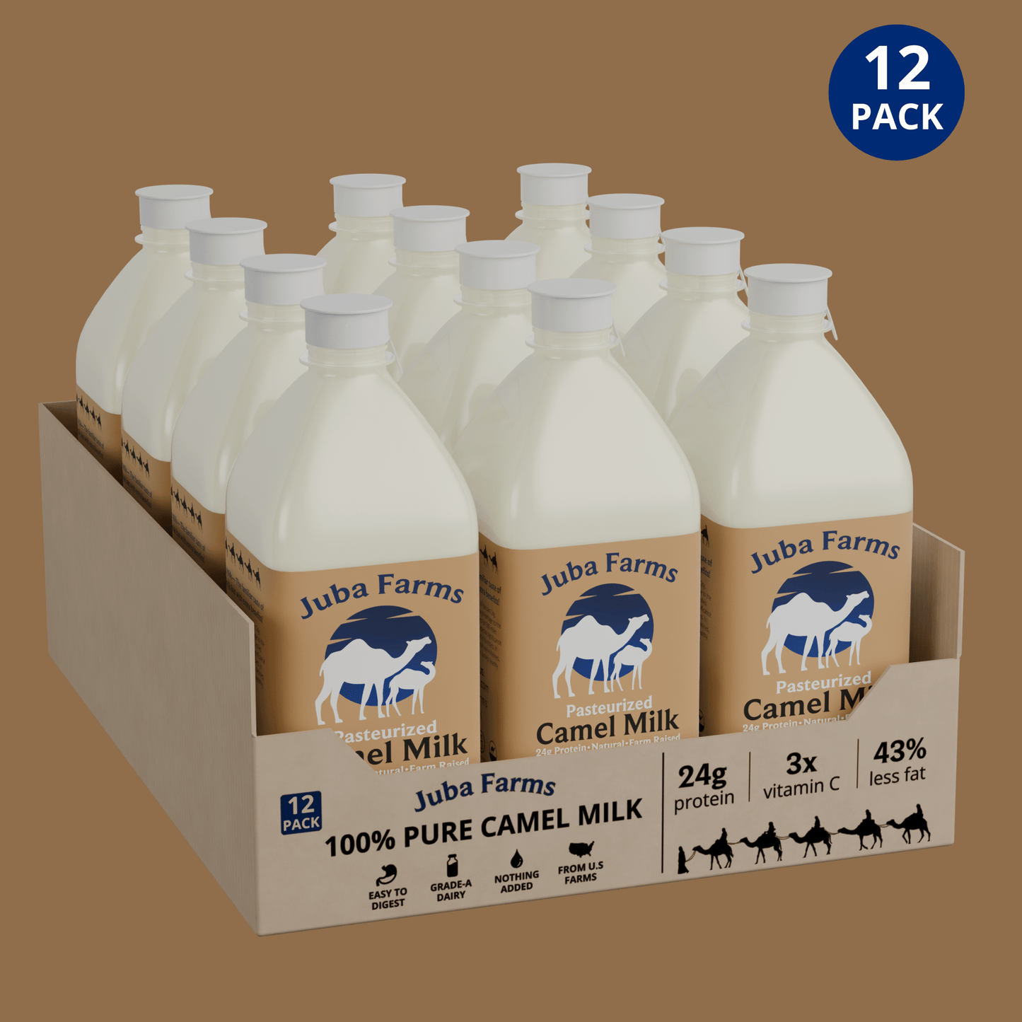 Fresh 1-liter jar of camel milk from Juba Farms, showcasing a clear container with creamy camel milk inside.