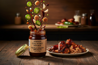 Canned Candied Jalapeno BBQ Sauce by Amish Country Store, 16 oz jar, with jalapenos and sweet glaze visible in the image.