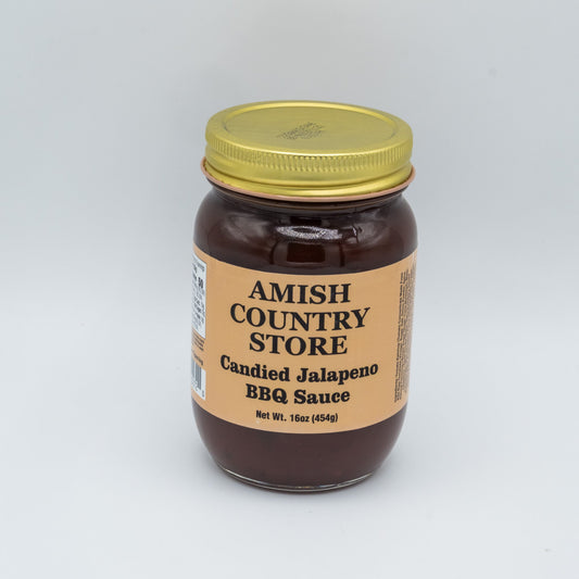 Canned Amish Country Store Candied Jalapeno BBQ Sauce bottle with label showing jalapepenos and sweet glaze, 16 oz jar