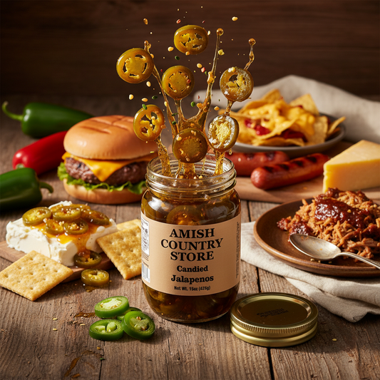 Canned candied jalapenos in a 16 oz jar from Amish Country Store, showing bright green jalapenos coated in sweet glaze.