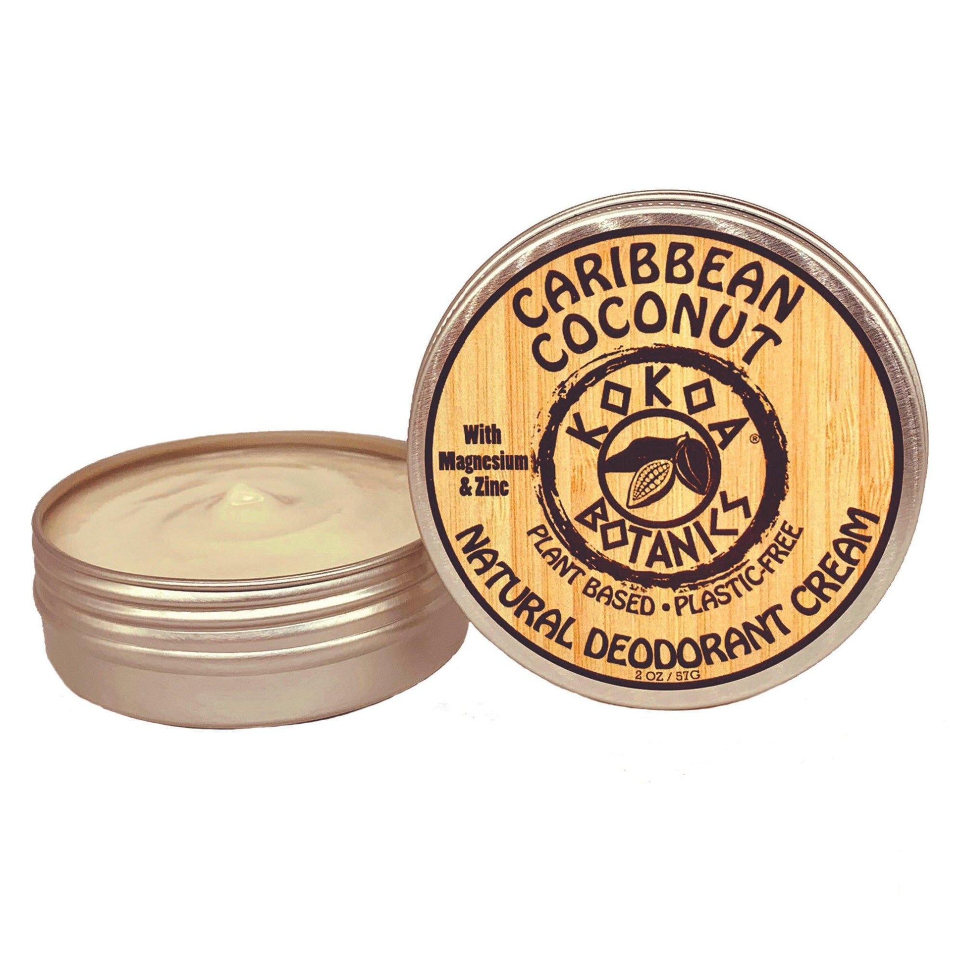 KOKOA BOTANICS Caribbean Coconut natural deodorant cream in a 2.5 oz jar, aluminum-free with coconut scent