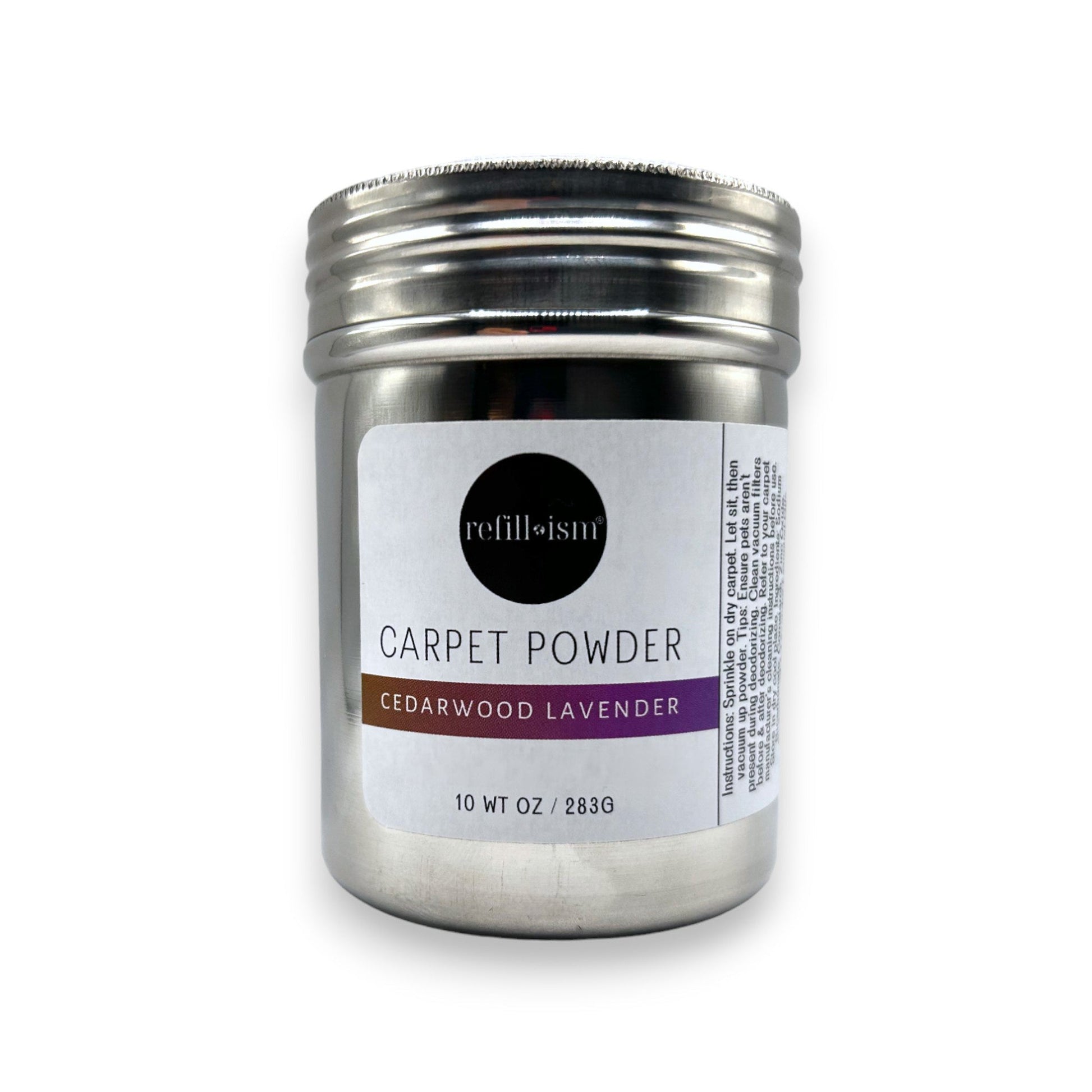 Refillism carpet powder for home cleaning, showing a container of freshening powder on a clean carpet surface.