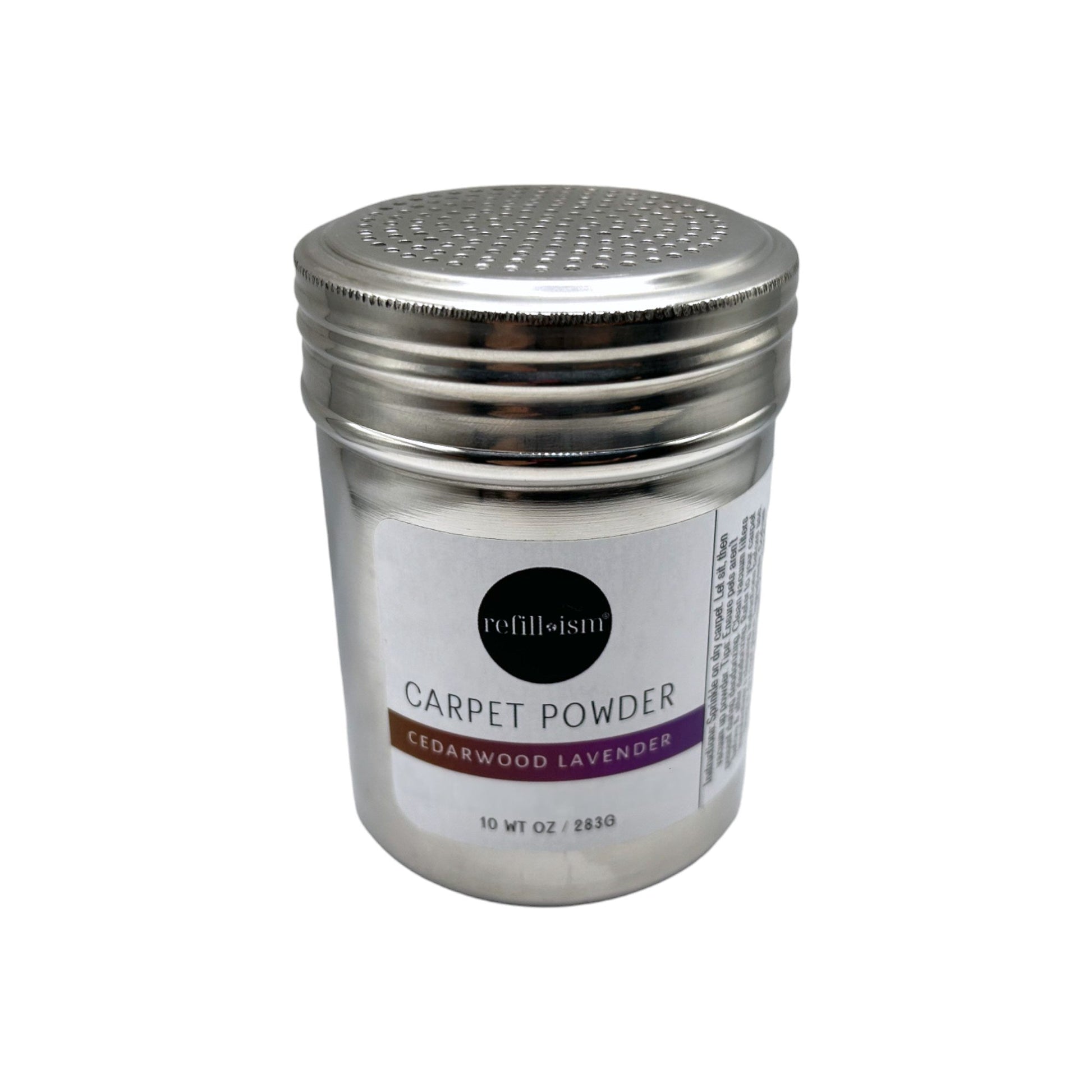 Refillism carpet powder for home cleaning, showing a container of powder with a scoop and fresh scent indicators