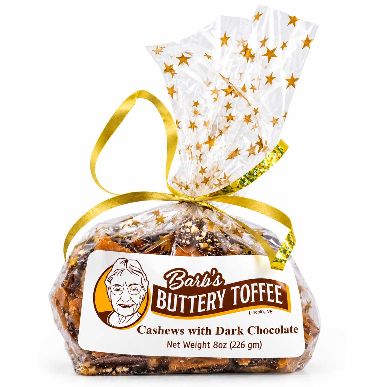 Homemade dark chocolate toffee with cashews from Barb's Buttery Toffee, 8 oz, with mixed nut options, on a white background.