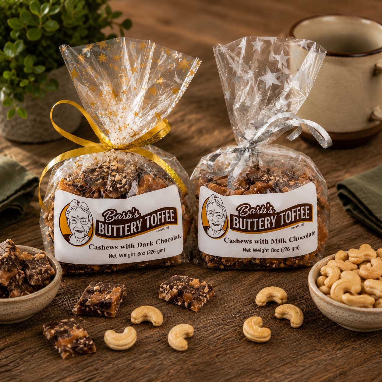 Homemade milk chocolate toffee with cashews from Barb's Buttery Toffee, 8 oz, featuring crunchy nuts and rich chocolate.