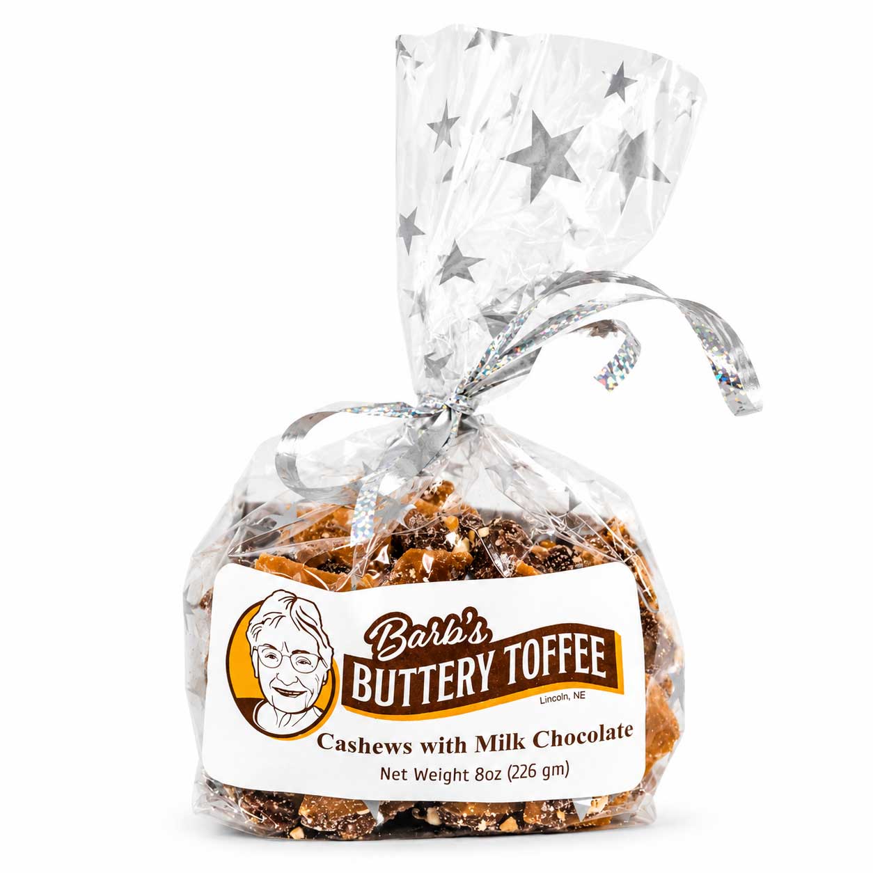 Homemade milk chocolate toffee with cashews, 8 oz, by Barb's Buttery Toffee, featuring crunchy toffee coated in chocolate.