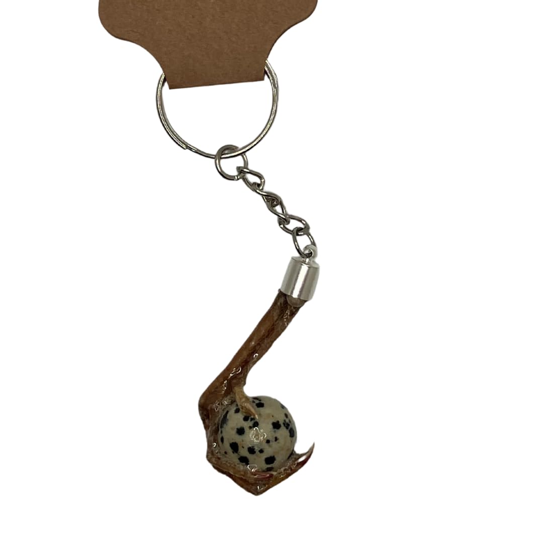 Quailz.com quail foot keychain with faux quail egg stone, featuring detailed bird foot charm on a keyring.