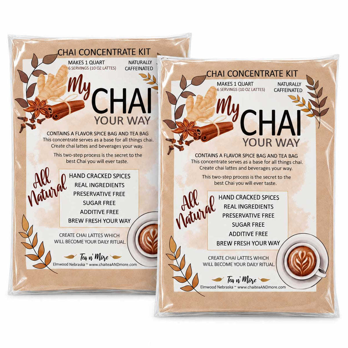 Two DIY Chai Tea Kits from Tea n More, featuring ingredients and packaging for homemade spiced chai beverages.