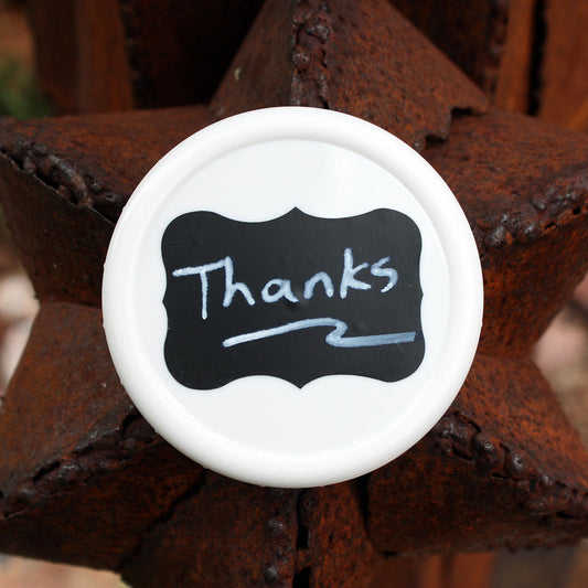 Set of 48 vinyl chalkboard labels with white plastic lids, featuring elegant rectangular designs for Mason Jar Lifestyle.