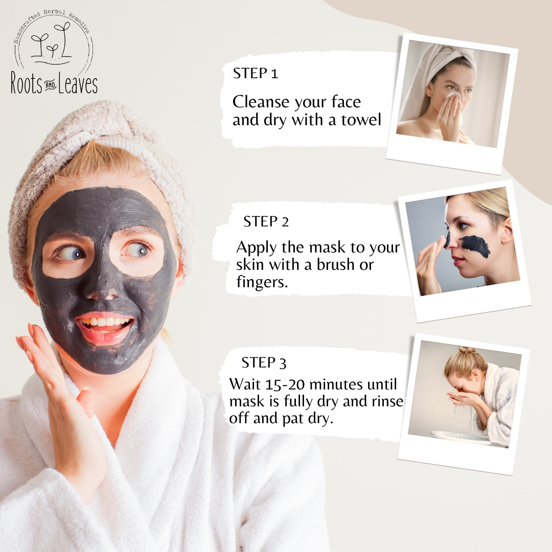 Close-up of Roots and Leaves LLC Charcoal Detox Face Mask applied on a person's face, showing its smooth, dark charcoal texture.