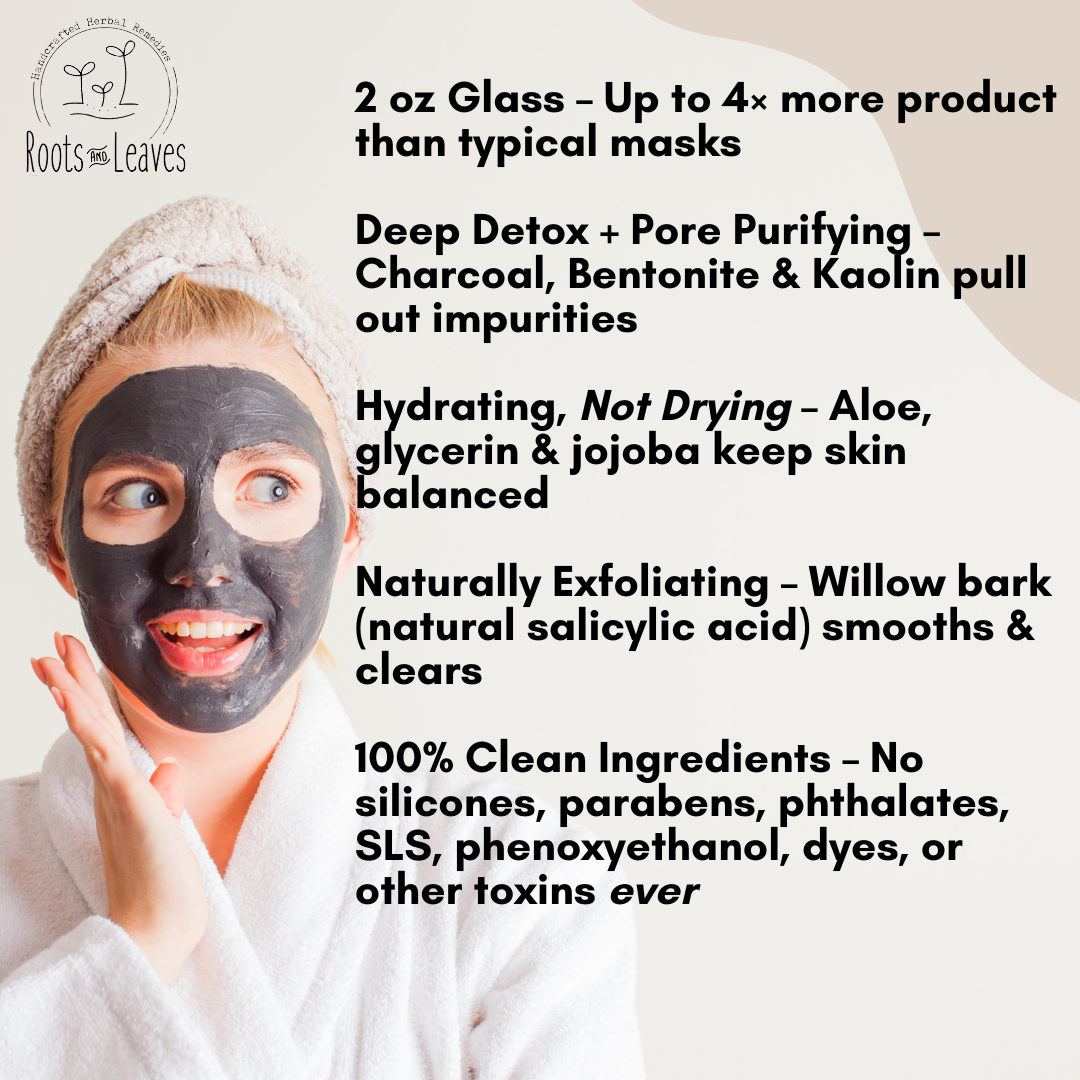 Roots and Leaves LLC charcoal detox face mask applied evenly on skin, demonstrating how to use the charcoal face mask.