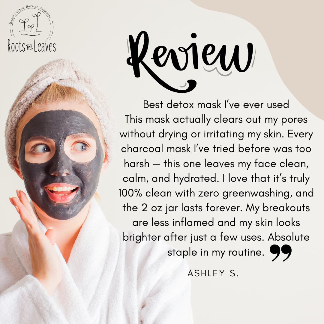 Application of Roots and Leaves LLC Charcoal Detox Face Mask showing how to spread it evenly on face.