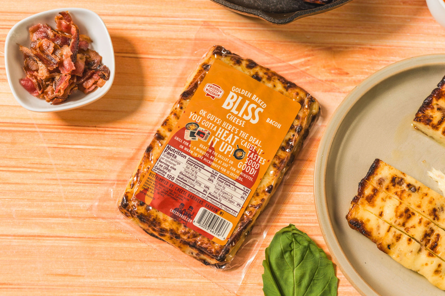 Baked cheese pack with bacon flavor from Cheese Brothers Inc., showcasing golden baked cheese slices on a white plate.