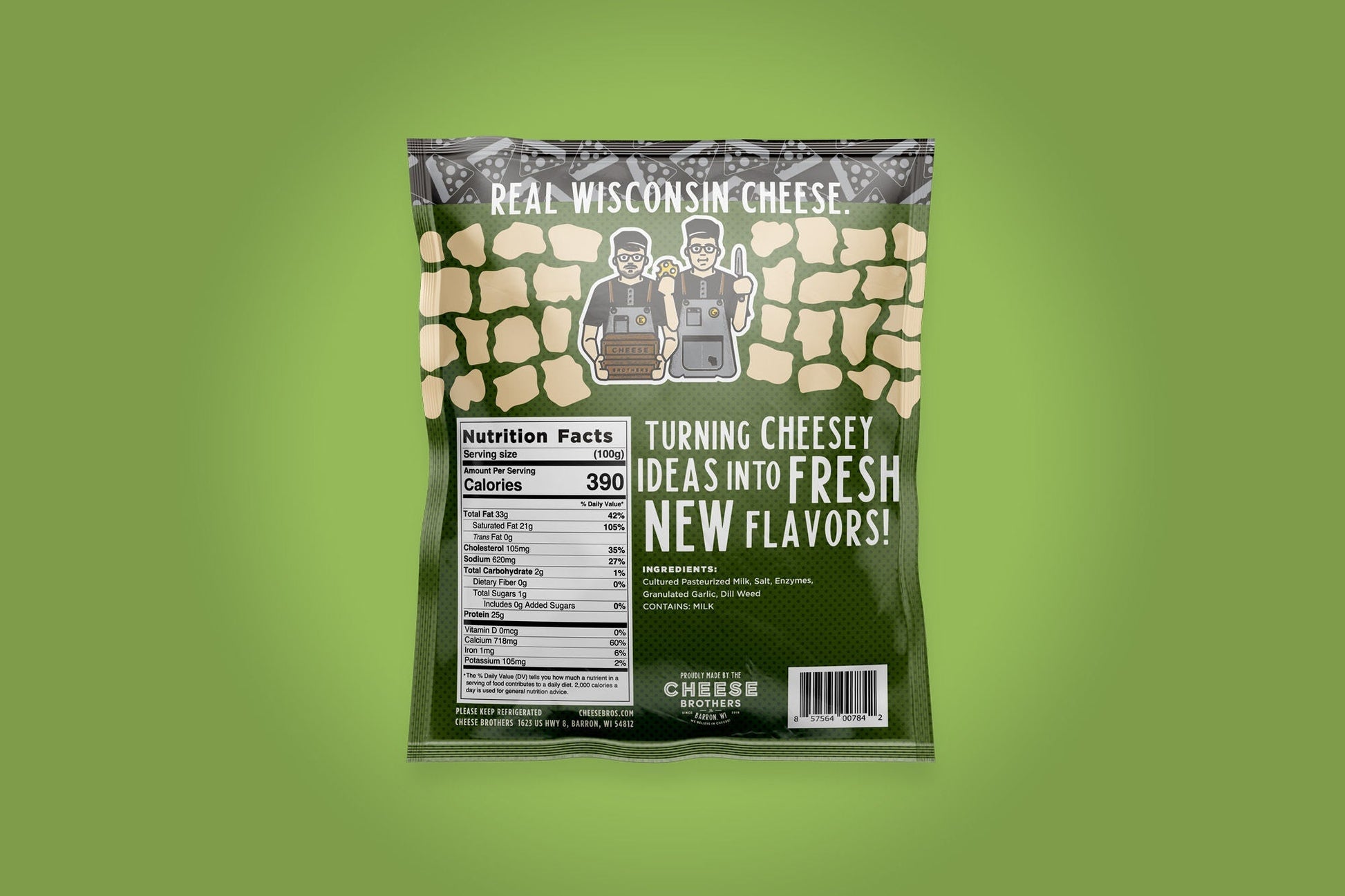 Garlic and dill cheese curds from Cheese Brothers, Inc., fresh and packaged in a single pack for snacking or cooking.