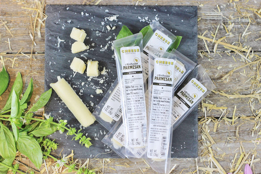 Northwoods Parmesan Cheese Sticks by Cheese Brothers, Inc. displayed in a 30-pack, crispy snack sticks with Parmesan flavor.