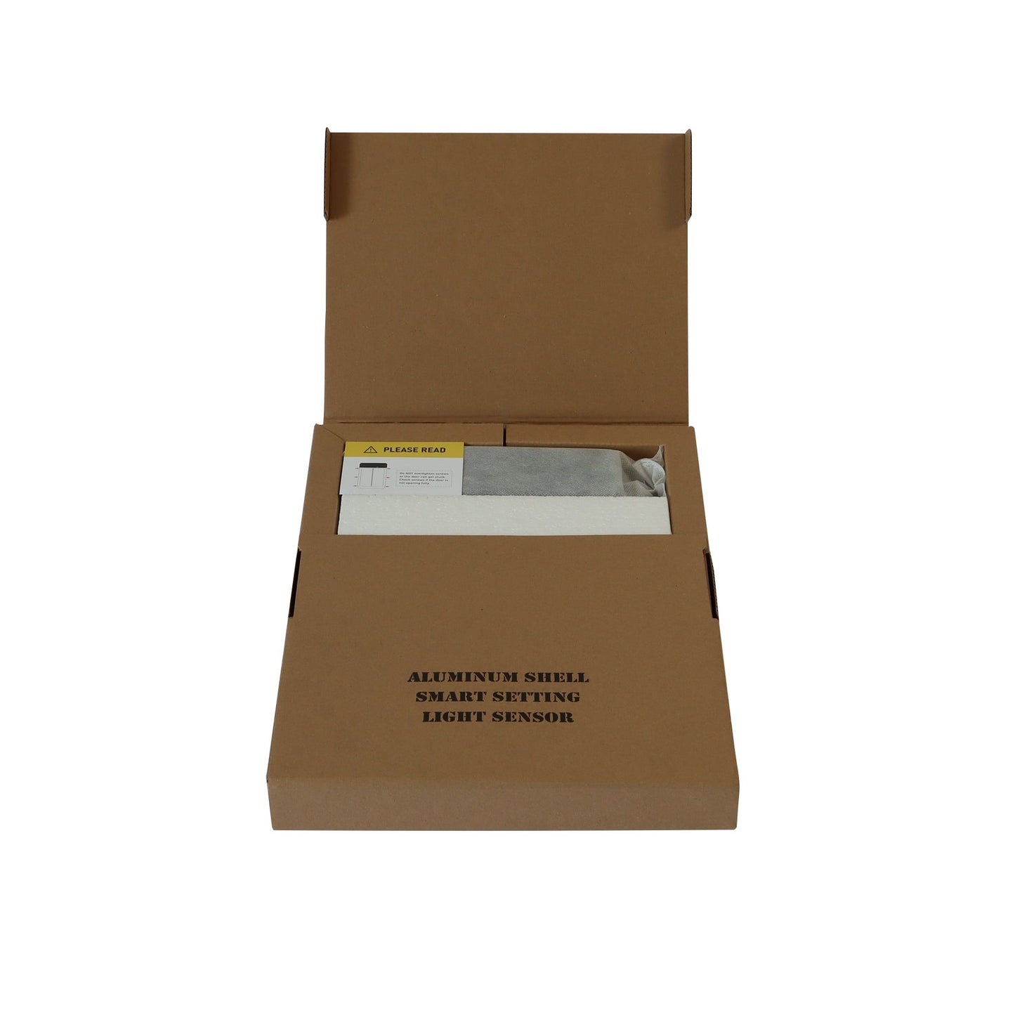 An open brown cardboard box labeled ALUMINUM SHELL SMART SETTING LIGHT SENSOR reveals the My Pet Chicken Farmight Automatic Chicken Coop Door, Aluminum, partially wrapped with a small card inside—ideal for protecting chickens from predators.