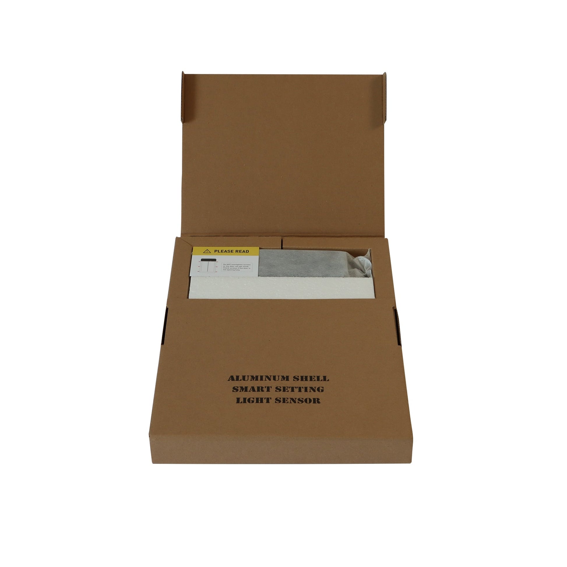 An open brown cardboard box labeled ALUMINUM SHELL SMART SETTING LIGHT SENSOR reveals the My Pet Chicken Farmight Automatic Chicken Coop Door, Aluminum, partially wrapped with a small card inside—ideal for protecting chickens from predators.