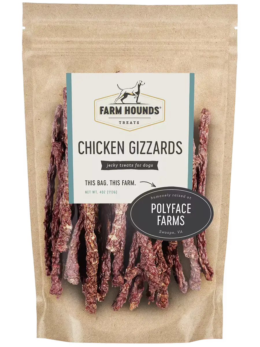 Farm Hounds chicken gizzard sticks, raw gizzards for pets, shown front view with textured, meaty surface and natural appearance.