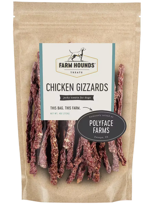 Farm Hounds chicken gizzard sticks, raw gizzards for pets, shown front view with textured, meaty surface and natural appearance.